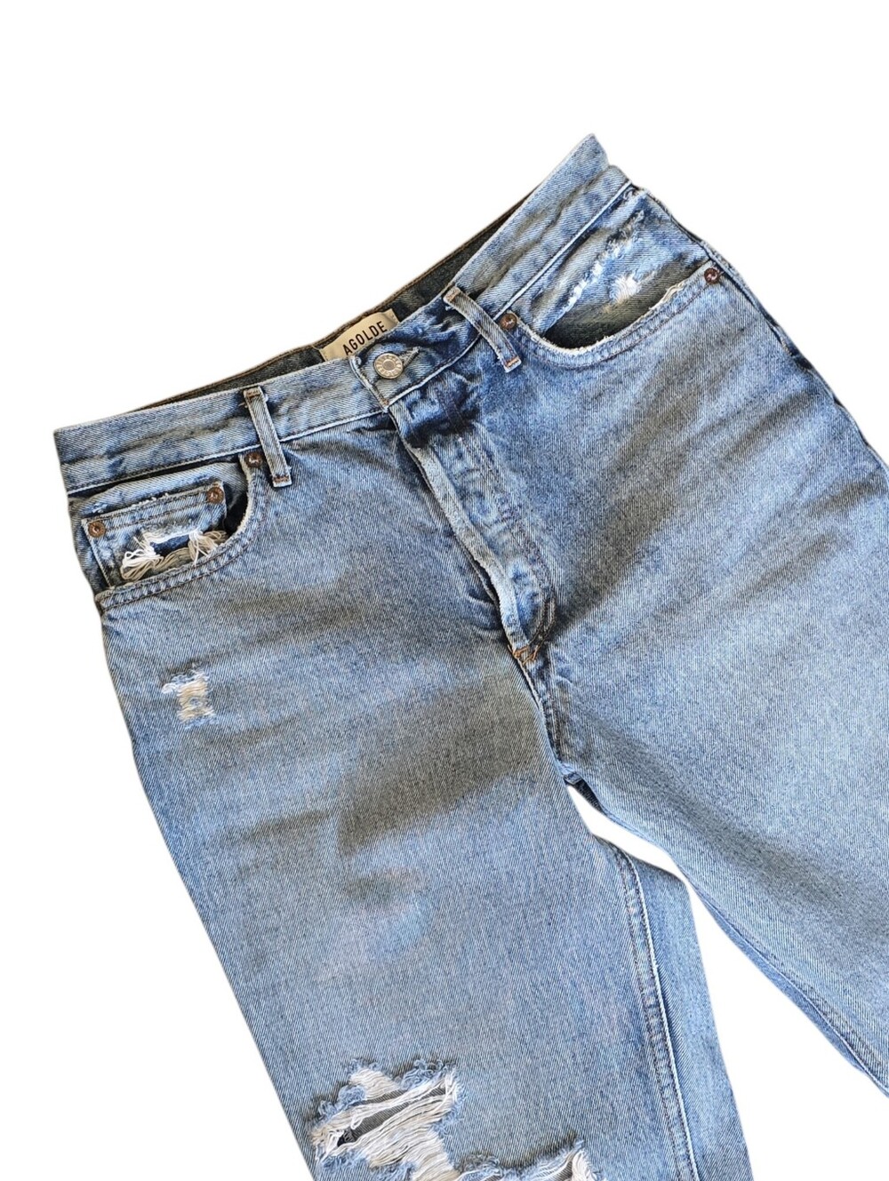 AGOLDE High-Rise Cropped Fly Button Distress Straight Leg Denim Jeans Size 27 - Picture 7 of 10